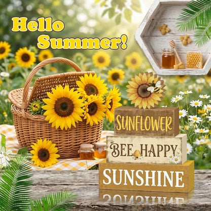 4 Pcs Summer Sunflower Kitchen Table Decor Bee Happy Summer Tiered Tray Decor Farmhouse Home Decorations Yellow Floral Wooden Signs Shelf Sitter Home Kitchen Office Decorations - style: Sunflower