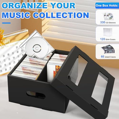 AOBOPLE CD Storage Box with 2 Compartments,3 Pack Cardboard CD Case Storage Holds 180 Jewel Cases CD Case Holder with PVC Window Lid,Portable Organizer for Media Collection - style: 3 Pack 2 Compartment