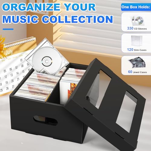 AOBOPLE CD Storage Box with 2 Compartments,3 Pack Cardboard CD Case Storage Holds 180 Jewel Cases CD Case Holder with PVC Window Lid,Portable Organizer for Media Collection - style: 3 Pack 2 Compartment
