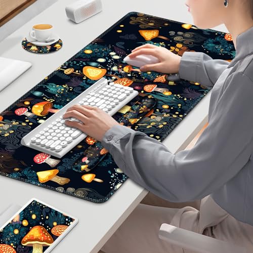 Gaming Mouse Pad, Large Desk Mat, Cute Desk Pad Protector, 4in1 XXL Mousepad + Keyboard Wrist Rest+Mouse Wrist Rest+Coaster Set with Ergonomic Desk Pad for Home Office Table Computer, Lovely Mushroom - color: Lovely Mushroom