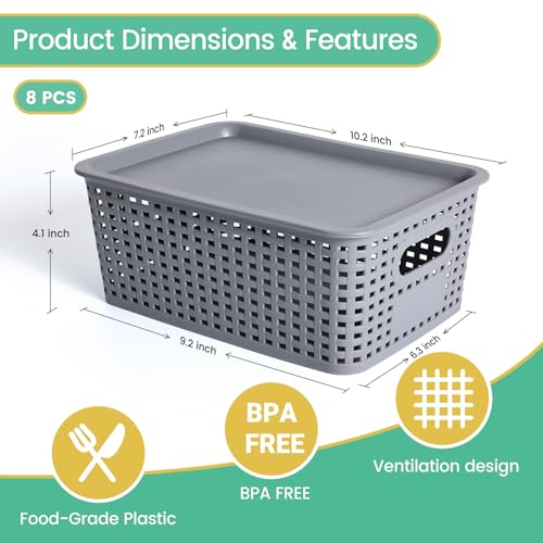 Plastic Storage Baskets with Lid-Plastic Storage Containers Stackable Storage bins: Storage Baskets for Organizing Shelves Drawers Desktop Closet Playroom Classroom Office,8 Pack-Gray10.2x7.2x4.1Inch - color: Gray