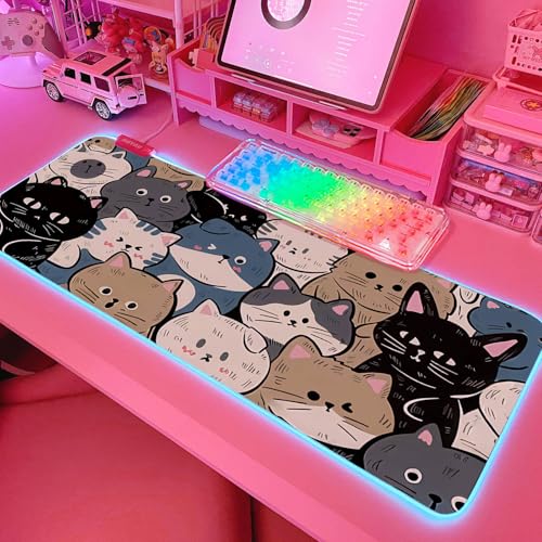 JMIYAV Pink RGB Gaming Mouse Pad 31.5x12 Inch PC XL Large Extended Glowing Led Light Up Desk Pad Non-Slip Rubber Base Computer Cute Mousepad Mat Desk Accessories Gaming Setup Cat Pile - color: Cat Pile