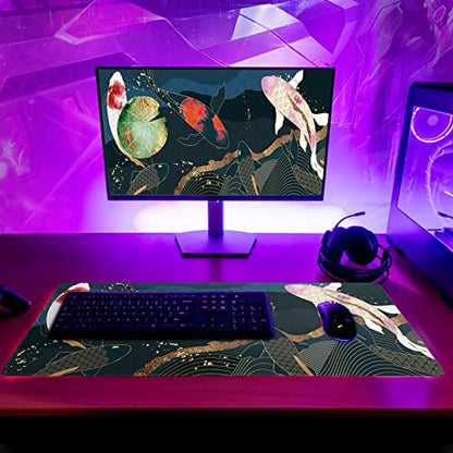 Japanese Gaming Mouse Pad XL - Extended Large Mouse Mat Desk Pad, Stitched Edges Mousepad, 3mm Thick Long Non-Slip Rubber Base Mice Pad, 31.5 X 11.8 Inch - Koi Fish Art - color: Koi Fish