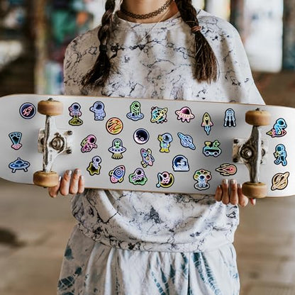 50 Pcs Glow in The Dark Neon Space Water Bottle Stickers | Cartoon Astronaut Planet, Laptop Decals, Waterproof Vinyl, Phone Case Luggage Scrapbook Guitar DIY Decor - color: Luminescent-475kscp