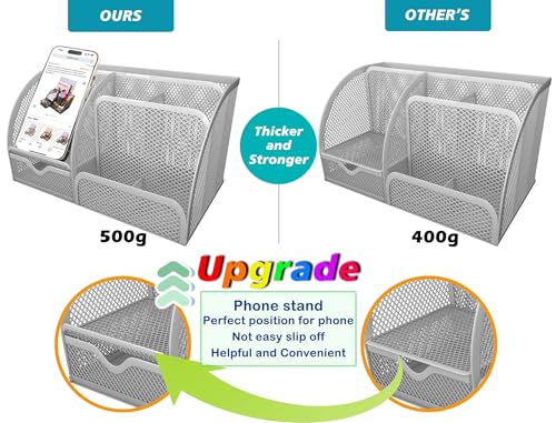 Boutilon Mesh Desk Organizer Desktop Office Supplies Stationary Organizer with 6 Compartments and 1 Drawer Multi-Functional Caddy Pen Holder for Home Office School Desk Decor(Silver) - color: Silver