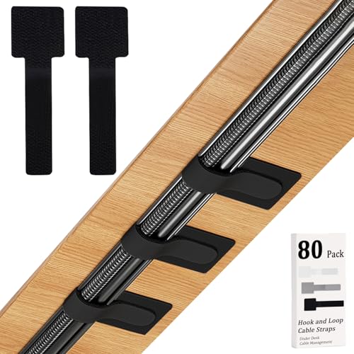 80PCS Hook and Loop Cable Straps, Cable Management Under Desk, Adhesive Cable Ties, Reusable Wire Organizers for Cords, Cords Management, Computer Accessories for Desk, Home Office Essentials, Black - color: Black