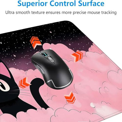Cute Black Cat Gaming Mouse Pad Cartoon Galaxy Pink Clouds Kawaii Mousepad Extended Large Laptop Keyboard Non-Slip Rubber Base with Stitched Edges for Home 31.5x11.8 Inch - color: Cute Black Cat, size: 31.5" x 11.8"