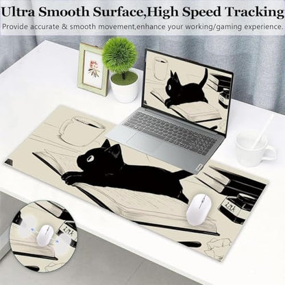 Gaming Mouse Pad XL Extended Anime Mouse Pad 31.5x11.8inch, Large Cute Kawaii Big Computer Mouse Mat Desk Pad Home Office-Black Reading Cat - color: Black Reading Cat, size: 31.5L x 11.8W inches
