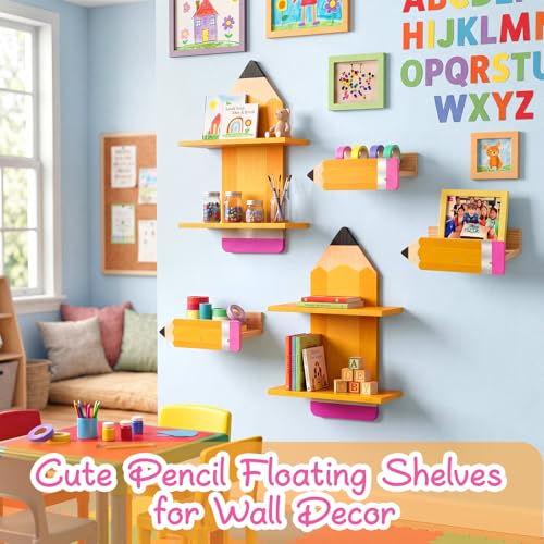 Gerrii 2 Pcs Pencil Wall Bookshelf for Classroom Pencil Classroom Decor Wooden Floating Shelves Rustic Wood Floating Shelf Back to School Party Decoration for Nursery School Daycare Storage