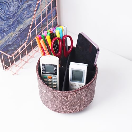 lizimandu Round Leather Art Supply Organizer,Remote Control Holder,360 Degree Spinning,Multi-Functional Pencil Holder,4 Compartments Desktop Stationary Organizer(1-Carved Cooper Red) - color: 1-Carved Cooper Red