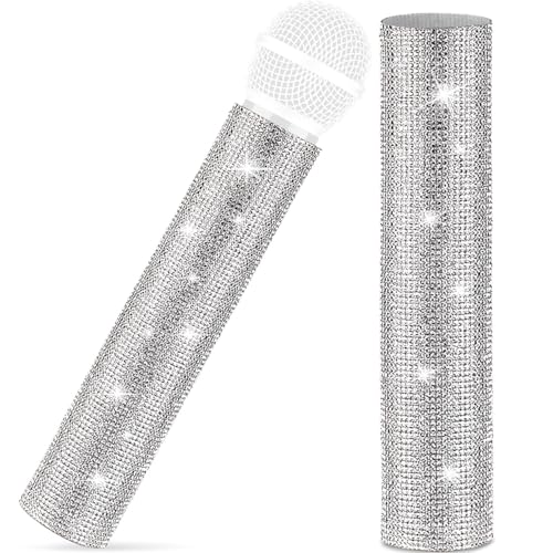 MIC NOT INCLUDED, Facmogu Silver Mic Handle Cover, Rhinestones Mic Handle Sleeve for Party & TV Show, Microphone Cover Sleeve with Sparkly Bling Rhinestones Fit for Most Universal Wireless Microphones - color: Silver