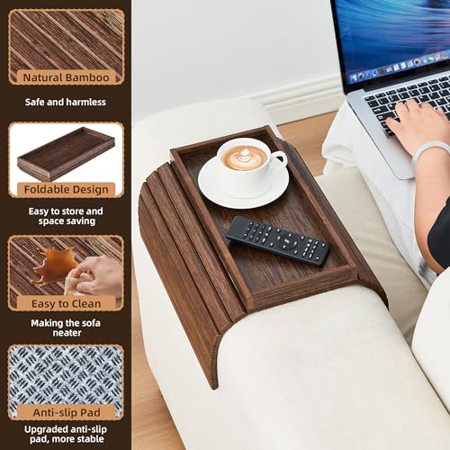 LOVYANXUE Couch Arm Tray, Anti-Falling Bamboo Sofa Arm Tray Table, Foldable & Portable Armrest Tray Cup Holder Side Table for Drinks, Coffee, Phone, Snacks, Remote - color: Brown, size: Large (without Phone Holder)