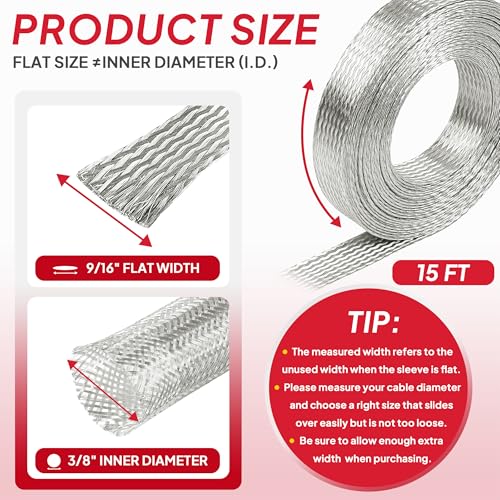 Tinned Copper Braid Cable Wire Shielding Sleeve Ground Straps Protection Flat Metal Mesh Flexible Expandable (9/16 in Wide(0.36 in Dia)-15ft) - size: 9/16"Wide(0.36"Dia)-15ft
