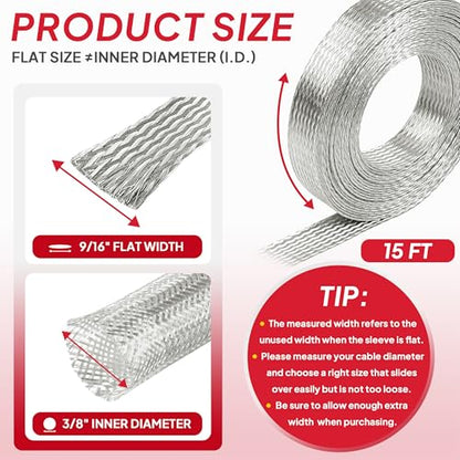 Tinned Copper Braid Cable Wire Shielding Sleeve Ground Straps Protection Flat Metal Mesh Flexible Expandable (9/16 in Wide(0.36 in Dia)-15ft) - size: 9/16"Wide(0.36"Dia)-15ft