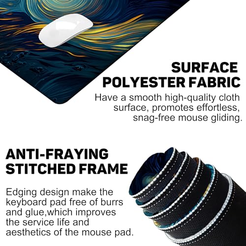 Starry Night Highland Cattle Gaming Mouse Pad Large Desk Mat Extended Keyboard Anime Mousepad with Non-Slip Base and Stitched Edge for Desk Home Office Gaming,31.5 x 11.8 Inch - color: Starry Night Highland Cattle, size: 11.8*31.5inch