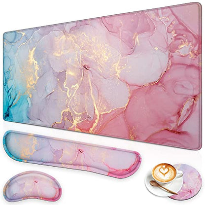 Canjoy Gaming Mouse Pad Set, 4-in-1 XXL Large Mouse Pad + Keyboard Wrist Rest Support+ Coaster, (35.4×15.7 in) Extended Desk Pad Memory Foam Non-Slip Desk Mat for Home Office - color: Pink Blue Marble