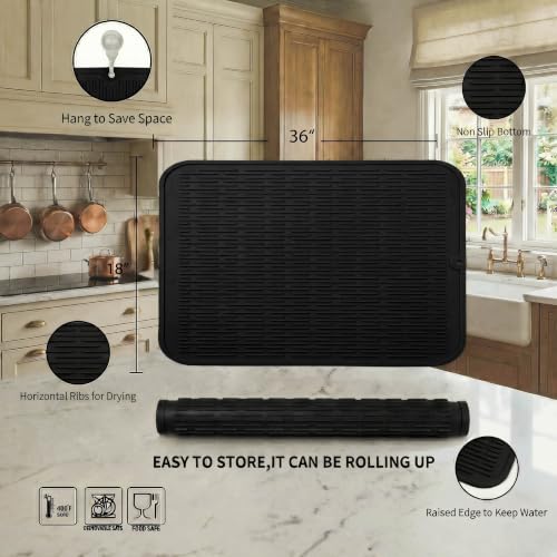 MicoYang Silicone Dish Drying Mat for Multiple Usage,Easy clean,Eco-friendly,Heat-resistant Silicone Mat for Kitchen Counter or Sink,Refrigerator or Drawer Liner Black 5XL 36inches x 18inches - color: Black, size: 36"L x 18"W