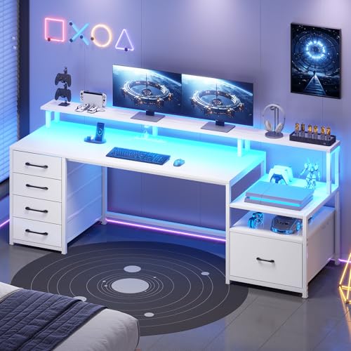 SEDETA White Computer Desk with 5 Drawer & Power Outlet, 66'' Home Office Desk with File Drawer, Storage Shelves, Printer Cabinet and Monitor Shelf, Gaming Desk with Led Lights - color: White With Led Lights, size: 67X18.5inch