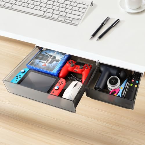 OSPNIEEK Self-adhesive Under Desk Drawer Organizer, 2 Pack Table Hidden Slide Out Large Storage Mounted Desktop Pencil Holder Tray Drawers for Office Home School Stationery Kitchen (XL+L, Black) - color: Matte Black, size: Extra Large + Large