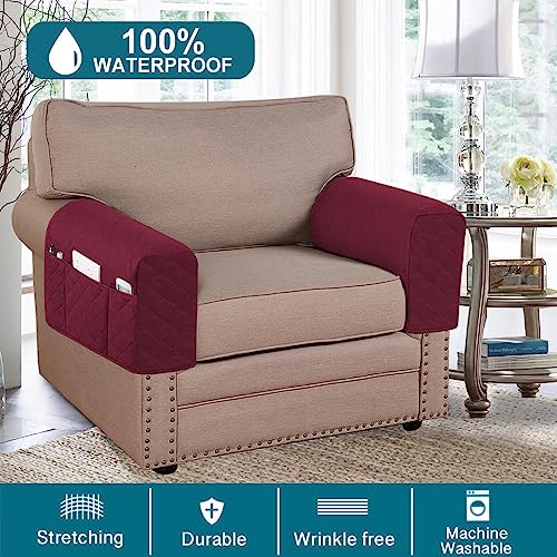 Turquoize 2 Pack Waterproof Armrest Covers for Chairs and Sofas - Couch Arm Covers with Side Pocket Anti-Slip Furniture Protector Washable Slipcovers Set of 2, Burgundy - color: Single Diamond- Burgundy