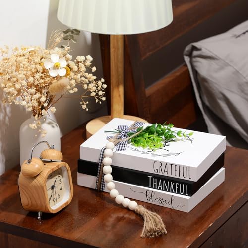 Capoda 3 Pcs Decorative Books for Home Decor Farmhouse Faux Stacked Books Wooden Rustic Table Decor with Bead Garland Twine Ribbon Faux Leaf for Table(Classic) - style: Classic
