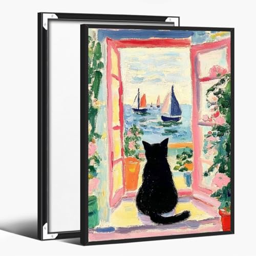 Vintage Colorful Black Cat Wall Art Funny Floral Oil Painting Poster Aesthetic Animal Print Window Landscape Picture for Dorm Bedroom Gallery Living Room or Pet Lover 12x18inch Black Aluminum Frame - color: Colorful - Black Aluminum Frame, size: 12"L x 18