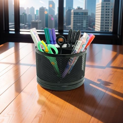 SETTFRFE Mesh Rotating Pen Holder for Desk, Black, 6-Slot | Large Pen Container with Handle, Multi-Functional Desk Organizer for Office Supplies, Art Tools & Makeup Brushes