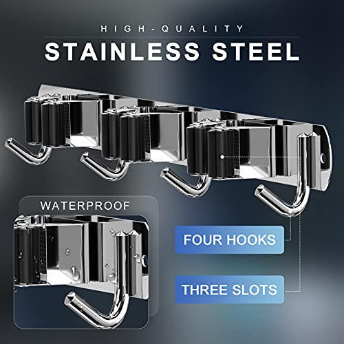 ZONGOOL Mop Broom Holder Wall Mount, Broom Organizer Mop and Broom Storage Tool Racks Stainless Steel Wall Hanger for Home Kitchen Garden Laundry Garage (3 Racks with 4 Hooks, Silver) - color: Silver, size: 1Pack 3R4H