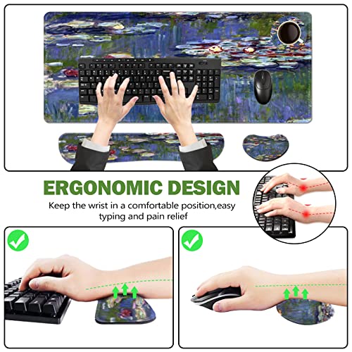 ToLuLu Extended Gaming Mouse Pad, Memory Foam Ergonomic Keyboard Mouse Wrist Rest Support Set, Large Desk Mat with Stitched Edges, Non-Slip Base Mousepad for Home Office Game, Monet Water Lilies - color: Monet Water Lilies