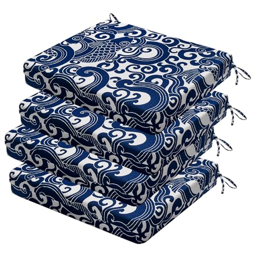 Outdoor Chair Cushions Set of 4, 18.5 x 16 Inch Patio Chair Cushions for Outdoor Furniture, Water Resistant, Non-Slip Ties(Blue Carp) - color: 4 - Blue Carp, size: 18.5x16x3|4 Pack