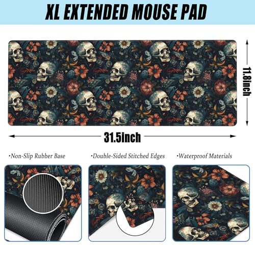 Desk Mat,Skulls with Flowers Large Gaming Mouse Pad XL,Skull Floral Desk Pad,Extended Big Computer Keyboard Mousepad with Non-Slip Base and Stitched Edges 31.5"x11.8" - color: Skulls With Flowers, size: XL-31.5"x11.8"