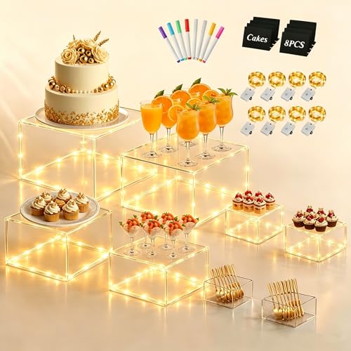 8 Pcs Clear Acrylic Buffet Risers with LED Fairy Lights, Acrylic Food Risers with Mini Sign and Maker, Clear Buffet Risers and Stands for Party Catering Dessert Collectibles(9" 8" 7" 6" 5" 5" 4" 4" ) - color: Clear 9" 8" 7" 6" 5" 5" 4" 4"