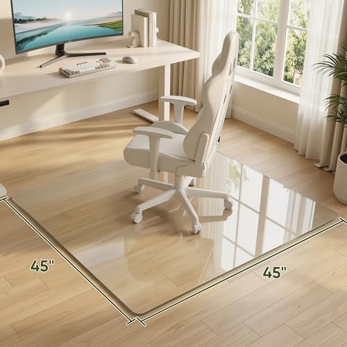 Tempered Glass Chair Mat for Hardwood Floor, 45" x 45" Heavy Duty Glass Office Chair Mat, for Low Pile Carpet, 0.2" Thick with 4 Non-Slip Pads, Smooth Rolling for Home & Office - size: 45" x 45"