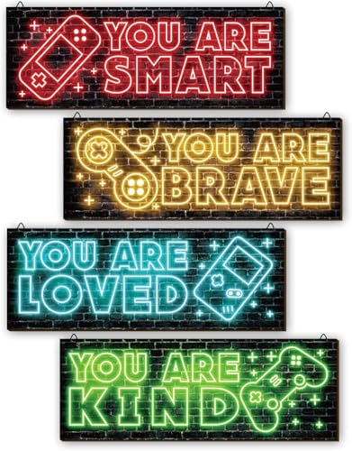 4 Pcs Neon Gaming Wooden Wall Sign Neon Gamer Hanging Sign Wall Decor Large Inspirational Wood Wall Art Decor for Boys Kids Room Bedroom Playroom Decorations, 16 X 5 Inch - color: a, size: 16x5