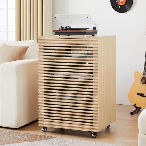 LEVNARY 5-Tier AV Media Cabinet with Grille Door & Adjustable Shelves, Modern Wooden Stereo Rack with Cable Management & Wheels, Audio Video Stand for Living Gaming Room Recording Studio (Natural) - color: Natural