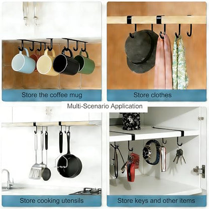 Black Clip-On Under Cabinet Mug Holder with 3 Storage Hooks | Fits boards ≤0.9", rustproof, holds mugs, utensils, scarves for kitchen RV storage - color: Black