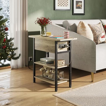 WLIVE End Table with Charging Station, Flip Top Narrow Side Table with Storage Shelf, Small Nightstand with USB Ports and Outlets,Bedside Table for Living Room, Bedroom,11.81" D x 23.62" W x 24.33" H - color: Greige