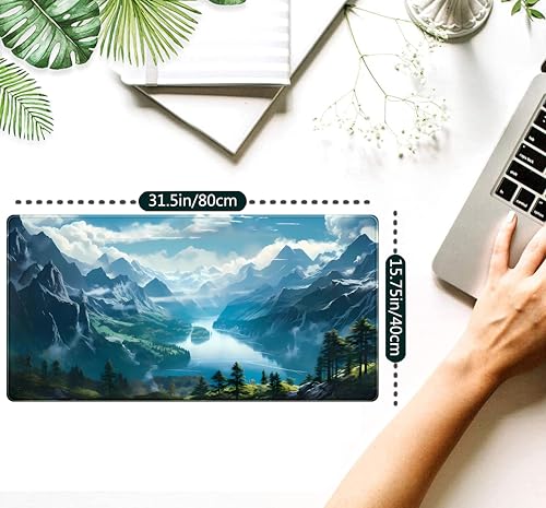 Aesthetic Mountain Vista Desk Mat, Blue Natural Wonder XXL Large Extended Gaming Mouse Pad Mat Non-Slip Mousepad, Computer Keyboard and Mouse Mat, Desk Pad with Stitched Edges, 31.5x15.75 in - color: Blue Mountain Vista