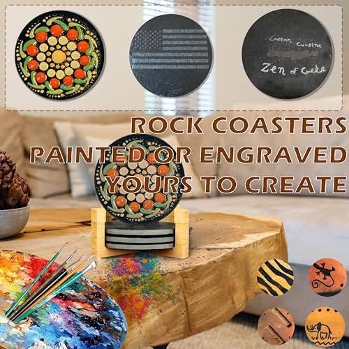 Slate Coasters Set of 4 with Holder - Black Round Stone Drink Coasters for Coffee Table, Anti-Scratch Coasters to Protect Wood/Glass Surfaces, Boho Home Mat Decor for Kitchen BarOffice (4 Pack)