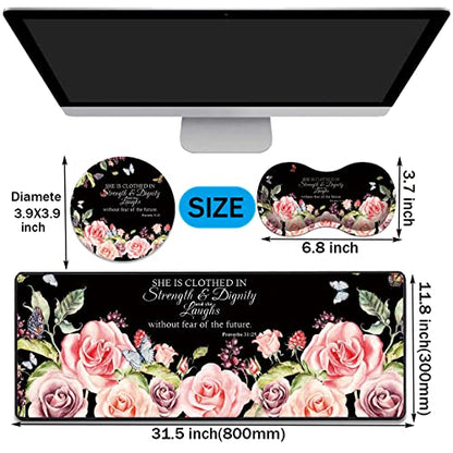 Desk Pad Gaming Mouse Pad + Wrist Rest Support Pad + Coaster, 31.5" × 11.8" Durable Non-Slip Extended Computer Mouse Pad, Suitable for Office and Home, Bible Verses Proverbs 31:25 - color: Bible Verses Proverbs 31:25