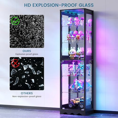 Dystler Display Cabinet with Glass Doors, 6 Tier RGB Lights Curio Cabinet | Adjustable Shelves, Human Sensor Lighting, Modern LED Display Case for Collectibles, Black - color: Black