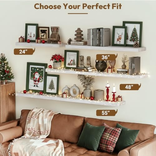 Flat Edge Elm Wood Floating Shelf with Invisible Bracket 48”Weathered White - color: Weathered White, size: 48”,set of 1