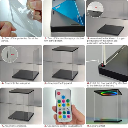 LANSCOERY Acrylic Display Case 5.9x5.9x11.8 in, 10mm Base, RGB Ring Light, 3mm Clear Panels, Front Door for Action Figures and Models - size: 5.9x5.9x11.8inch; 15x15x30cm