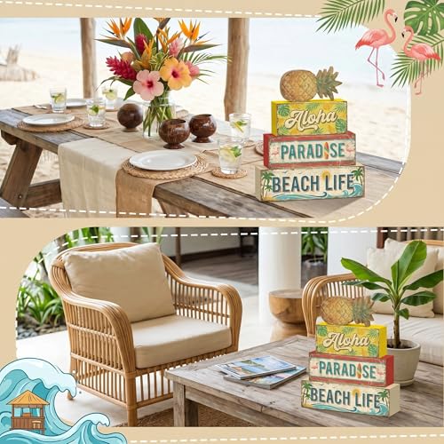 4 Pcs Tropical Pineapple Party Decorations Summer Hawaiian Luau Table Wooden Signs Summer Beach Tiered Tray Decor Fruit Home Bar Shelf Sitter Aloha Paradise Tiki Table Top Gifts - style: Tropical Pineapple