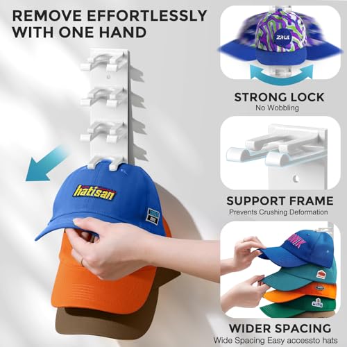 Hat Organizer for Baseball Caps Wall, 2 Pack Hat Holder for Closet Door Hold up to 16 Hats,Hat Hook with Adhesive and 8 Screws, Hat Hanger Cap Holder Hat Hangers for Wall Closet Door Bedroom(A-White) - color: A-White
