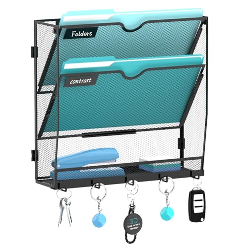 Wall File Organizer - Hanging File Organizer with 5 Hooks, Mail Holder Wall Mounted for Papers, Folders, Magazines, Bills, 3 Tier Office&School Organization, Black - color: Black, size: 3 Tier