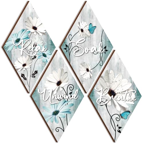 FairySandy 4 Pcs Boho Bathroom Wall Decor 11.8 x 6.69 Inch Bohemian Restroom Wall Art Bathroom Rustic Decoration Farmhouse Minimalist Relax Soak Unwind Breathe Sign for Bedroom Living Room(Tulip) - style: Tulip