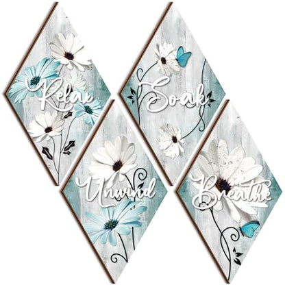 FairySandy 4 Pcs Boho Bathroom Wall Decor 11.8 x 6.69 Inch Bohemian Restroom Wall Art Bathroom Rustic Decoration Farmhouse Minimalist Relax Soak Unwind Breathe Sign for Bedroom Living Room(Tulip) - style: Tulip