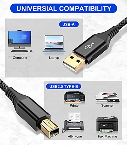 sweguard Printer Cable 10ft, USB-A to USB-B Cable, High Speed Nylon Braided Scanner Printer Cord for HP Canon Dell Epson Brother Lexmark Xerox Samsung Piano DAC & More-Black - color: black, size: 10ft