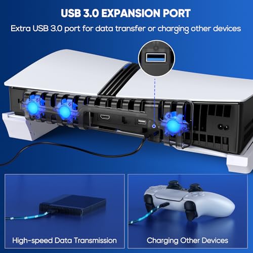 FASTSNAIL Horizontal Stand & Cooling Fan for PS5 Pro/Slim Console, Auto Fan Speed by Temperature and Controller Charger Station, Efficient Cooling System with 3 Fans, 2 USB 3.0, 3 USB 2.0 Port Hub - color: Black/White